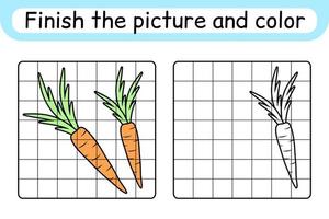 Complete the picture carrot. Copy the picture and color. Finish the image. Coloring book. Educational drawing exercise game for children vector