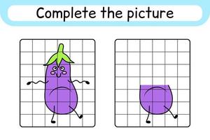 Complete the picture eggplant. Copy the picture and color. Finish the image. Coloring book. Educational drawing exercise game for children vector