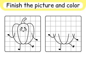 Complete the picture pepper. Copy the picture and color. Finish the image. Coloring book. Educational drawing exercise game for children vector