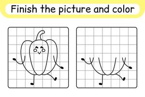 completa el cuadro pimiento. copiar la imagen y el color. terminar la imagen. libro de colorear. juego educativo de ejercicios de dibujo para niños vector