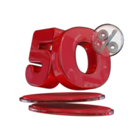 sconto 50 di sconto sull'elemento promozionale di rendering 3d di testo rosso lucido png