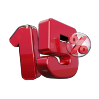 sconto 15 di sconto sull'elemento di promozione del rendering 3d di testo rosso lucido png