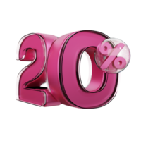 desconto 20 fora do elemento de promoção de renderização 3d de texto brilhante rosa png