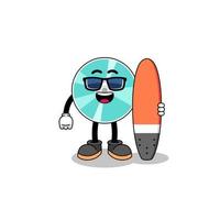 caricatura de mascota de disco óptico como surfista