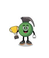 Cartoon mascot of grenade holding a trophy vector