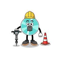 caricatura de personaje de disco óptico trabajando en la construcción de carreteras