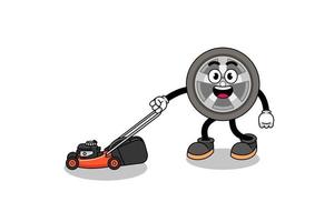 car wheel illustration cartoon holding lawn mower vector