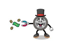 ilustración de personaje de rueda de coche atrapando dinero con un imán vector