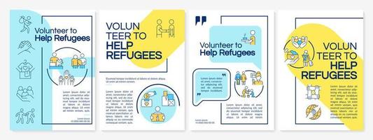 Volunteer to help refugees blue and yellow brochure template. Charity and care. Leaflet design with linear icons. 4 vector layouts for presentation, annual reports.