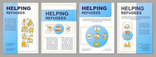 Helping refugees blue brochure template. Support fugitives. Leaflet design with linear icons. 4 vector layouts for presentation, annual reports.