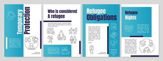 Refugee rights and duties blue brochure template. Helping refugees. Leaflet design with linear icons. 4 vector layouts for presentation, annual reports.