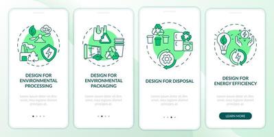 diseño para la pantalla de la aplicación móvil de incorporación verde del entorno. Guía de la industria ecológica Páginas de instrucciones gráficas de 4 pasos con conceptos lineales. interfaz de usuario, ux, plantilla de interfaz gráfica de usuario. vector