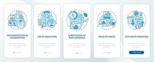 opciones de producción más limpia pantalla azul de incorporación de la aplicación móvil. tutorial de la industria 5 pasos páginas de instrucciones gráficas con conceptos lineales. interfaz de usuario, ux, plantilla de interfaz gráfica de usuario. vector