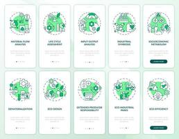 conjunto de pantalla de aplicación móvil de incorporación verde de ecología industrial. tutorial de sostenibilidad páginas de instrucciones gráficas de 5 pasos con conceptos lineales. interfaz de usuario, ux, plantilla de interfaz gráfica de usuario. vector