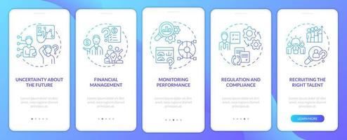 Challenges facing business blue gradient onboarding mobile app screen. Walkthrough 5 steps graphic instructions pages with linear concepts. UI, UX, GUI template. vector