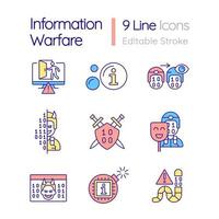 Information warfare RGB color icons set. Mislead opponent. Data manipulation. Isolated vector illustrations. Simple filled line drawings collection. Editable stroke.