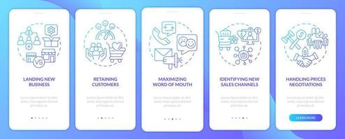 Business sales complications blue gradient onboarding mobile app screen. Walkthrough 5 steps graphic instructions pages with linear concepts. UI, UX, GUI template. vector