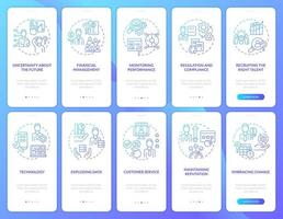 Business challenges blue gradient onboarding mobile app screen set. Walkthrough 5 steps graphic instructions pages with linear concepts. UI, UX, GUI template. vector