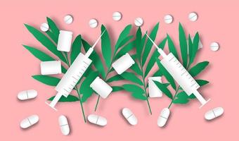 medicamentos y equipos médicos sobre fondo rosa de estilo de arte de papel, vector o ilustración con concepto de atención médica foto