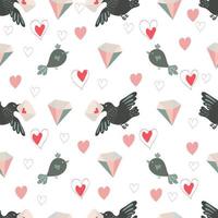 Valentines day seamless pattern with pink and red hearts, candies, cupids, diamonds and birds. Vector illustration.