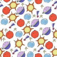 Nursery seamless pattern. Hand drawn  solar system, stars, planets, spaceships, rockets. vector