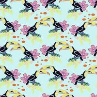 Vector seamless tropical background with toucan bird , palm leaves and exotic flowers. Nursery background.