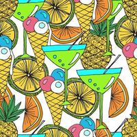 patrón vectorial dibujado a mano. vacaciones de verano. cócteles, helados, frutas. fiesta en la playa. fondo transparente para textiles para bebés, superficie, interior del hogar, cubierta, tela, papel pintado, impresión, papel de regalo, tarjetas. vector