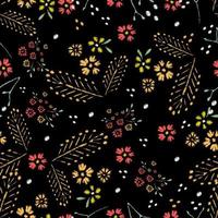 puntadas de bordado con rosas, flores de pradera, libélulas, mariposas, escarabajos. patrón sin costuras de moda vectorial dibujado a mano sobre fondo negro. para tela, decoración textil. vector