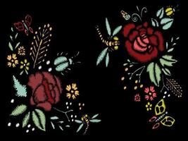 puntadas de bordado con rosas, flores de pradera, libélulas, mariposas, escarabajos. ilustración de moda vectorial dibujada a mano sobre fondo negro. para tela, decoración textil. vector