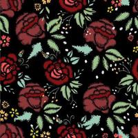 puntadas de bordado con rosas, flores de pradera, libélulas, mariposas, escarabajos. patrón sin costuras de moda vectorial dibujado a mano sobre fondo negro. para tela, decoración textil. vector