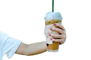 women hand holding the iced coffee isolated on white background,clipping path photo