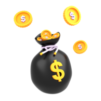3d ilustração ouro preto saco de dinheiro com cifrão png