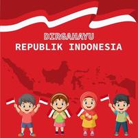 Feliz día de la independencia. grupo de niños con banderas indonesias vector