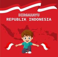 Feliz día de la independencia. lindo niño sosteniendo una bandera indonesia vector