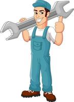 Cartoon mechanic holding a huge wrench vector