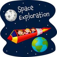 Cartoon children flying with rocket pencil in outer space vector