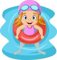 Cartoon little girl floating with inflatable ring vector