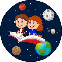 Cartoon happy kids flying on a book in outer space vector