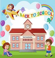 Back to school. Happy little kids with school building vector