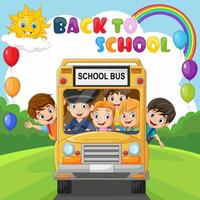Back to school. Happy children riding on school bus vector