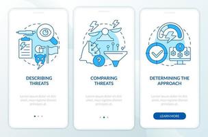 Dealing with national security threats blue onboarding mobile app screen. Walkthrough 3 steps graphic instructions pages with linear concepts. UI, UX, GUI template. vector