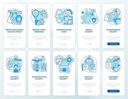 conjunto de pantalla de aplicación móvil de incorporación azul de seguridad nacional e internacional. tutorial 5 pasos páginas de instrucciones gráficas con conceptos lineales. interfaz de usuario, ux, plantilla de interfaz gráfica de usuario. vector