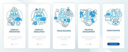 Community security blue onboarding mobile app screen. National protection walkthrough 5 steps graphic instructions pages with linear concepts. UI, UX, GUI template. vector