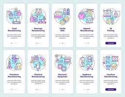 Starting manufacturing business onboarding mobile app screen set. Walkthrough 5 steps graphic instructions pages with linear concepts. UI, UX, GUI template. vector