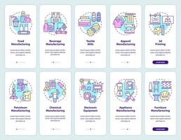 comenzando el negocio de fabricación incorporando el conjunto de pantalla de la aplicación móvil. tutorial 5 pasos páginas de instrucciones gráficas con conceptos lineales. interfaz de usuario, ux, plantilla de interfaz gráfica de usuario. vector