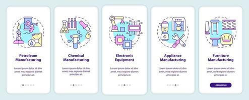 Production sub sectors onboarding mobile app screen. Manufacturing walkthrough 5 steps graphic instructions pages with linear concepts. UI, UX, GUI template. vector