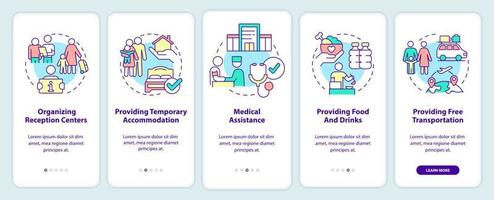 iniciativas gubernamentales que incorporan la pantalla de la aplicación móvil. ayudar a los refugiados a recorrer las páginas de instrucciones gráficas de 5 pasos con conceptos lineales. interfaz de usuario, ux, plantilla de interfaz gráfica de usuario. vector