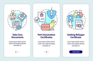 pertenencias y documentos que incorporan la pantalla de la aplicación móvil. ayude a los refugiados a recorrer las páginas de instrucciones gráficas de 3 pasos con conceptos lineales. interfaz de usuario, ux, plantilla de interfaz gráfica de usuario. vector