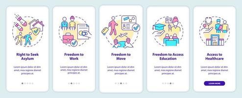 derechos de los refugiados incorporando la pantalla de la aplicación móvil. ayudar a los migrantes a recorrer las páginas de instrucciones gráficas de 5 pasos con conceptos lineales. interfaz de usuario, ux, plantilla de interfaz gráfica de usuario. vector