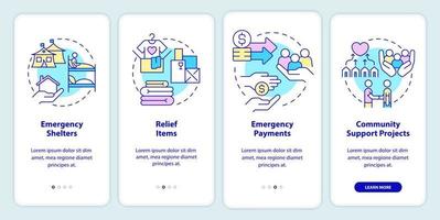 Ways to help refugees onboarding mobile app screen. Emergency walkthrough 4 steps graphic instructions pages with linear concepts. UI, UX, GUI template. vector